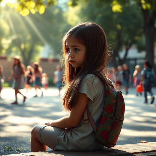 A poignant depiction of a young girl sitting alone in a schoolyard, looking contemplative and sad