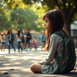 A poignant depiction of a young girl sitting alone in a schoolyard, looking contemplative and sad