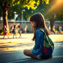 A poignant depiction of a young girl sitting alone in a schoolyard, looking contemplative and sad