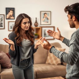 A dramatic scene of a young couple having a heated argument in a cozy living room