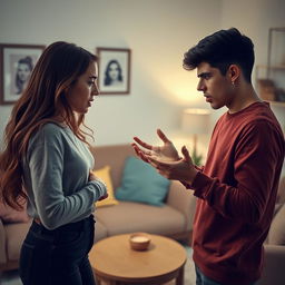 A dramatic scene of a young couple having a heated argument in a cozy living room