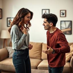 A dramatic scene of a young couple having a heated argument in a cozy living room