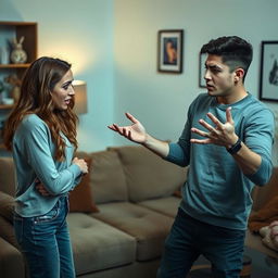 A dramatic scene of a young couple having a heated argument in a cozy living room