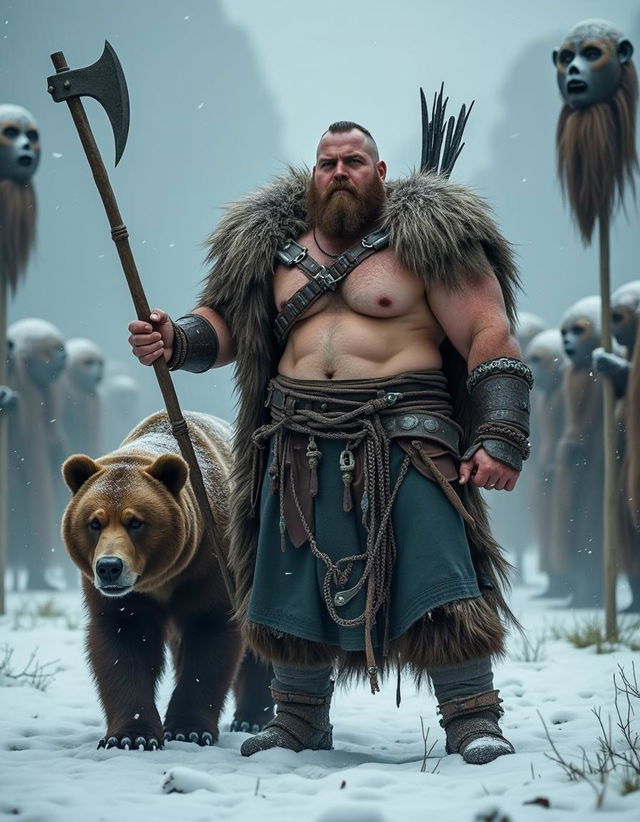 A fierce Viking warrior with big, strong muscles and a bare chest, standing defiantly in a winter storm