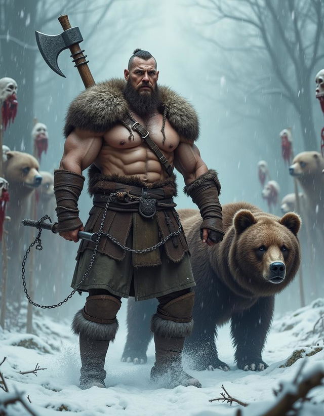 A fierce Viking warrior with big, strong muscles and a bare chest, gripping a battleaxe in one hand, a chain whip in the other, and a bow slung across his back