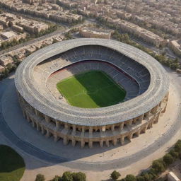 A grand, bustling soccer stadium inspired by the architecture of the ancient Persian Empire, complete with intricate designs and regal statues.