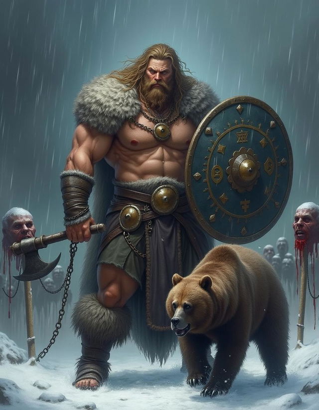 A formidable Viking warrior with big, strong muscles and a bare chest, gripping a battleaxe in one hand and a chain whip in the other