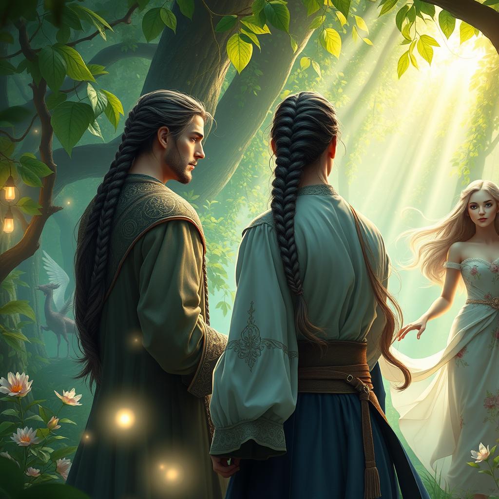 A fantasy scene featuring European men with long dark ponytail hair and intricate braids, engaged in a mystical environment