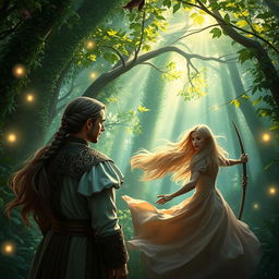 A fantasy scene featuring European men with long dark ponytail hair and intricate braids, engaged in a mystical environment