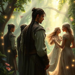 A fantasy scene featuring European men with long dark ponytail hair and intricate braids, engaged in a mystical environment