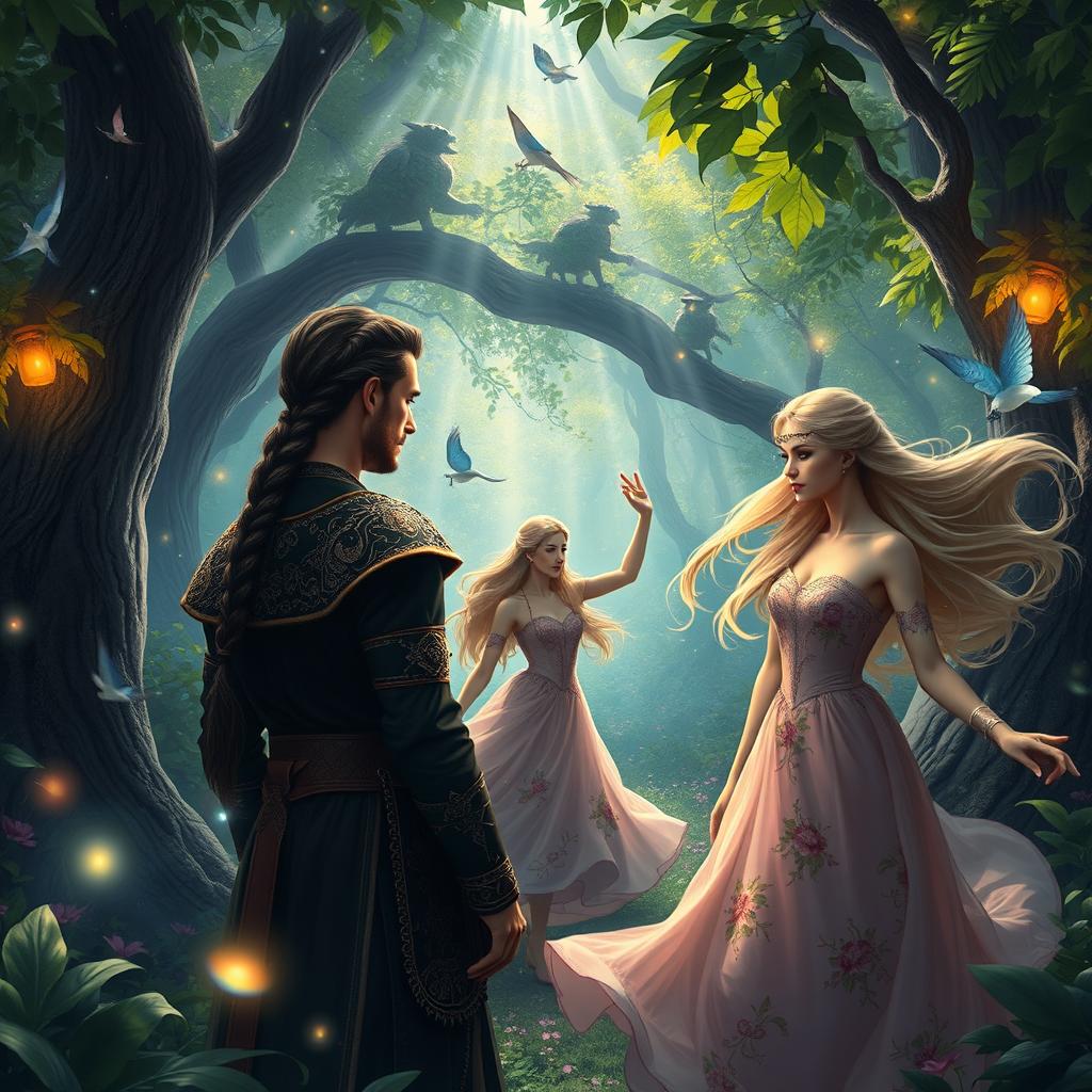 A fantasy scene featuring European men with long dark ponytail hair and intricate braids, engaged in a mystical environment