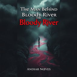 A captivating book cover for 'The Man Behind the Bloody River', showcasing an unidentified man in shadow on the far side of a dark, flowing river of blood that winds through a dense, eerie forest