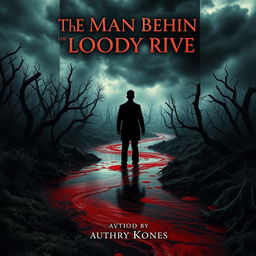 A captivating book cover for 'The Man Behind the Bloody River', showcasing an unidentified man in shadow on the far side of a dark, flowing river of blood that winds through a dense, eerie forest