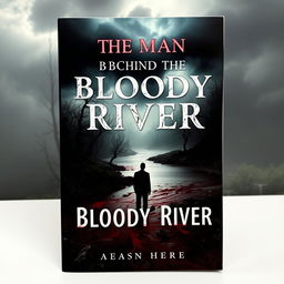 A captivating book cover for 'The Man Behind the Bloody River', showcasing an unidentified man in shadow on the far side of a dark, flowing river of blood that winds through a dense, eerie forest