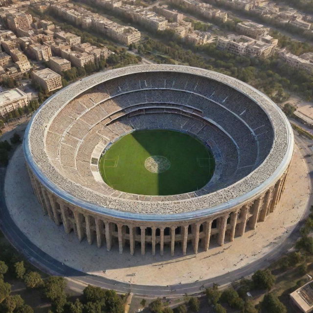 A grand, bustling soccer stadium inspired by the architecture of the ancient Persian Empire, complete with intricate designs and regal statues.