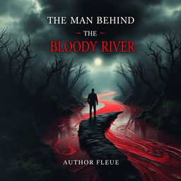 A captivating book cover for 'The Man Behind the Bloody River', showcasing an unidentified man in shadow on the far side of a dark, flowing river of blood that winds through a dense, eerie forest