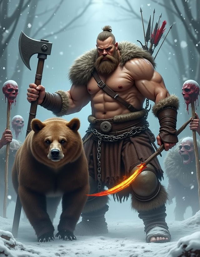 A fierce Viking warrior with big, strong muscles and a bare chest, wielding a battleaxe in one hand and a chain whip in the other