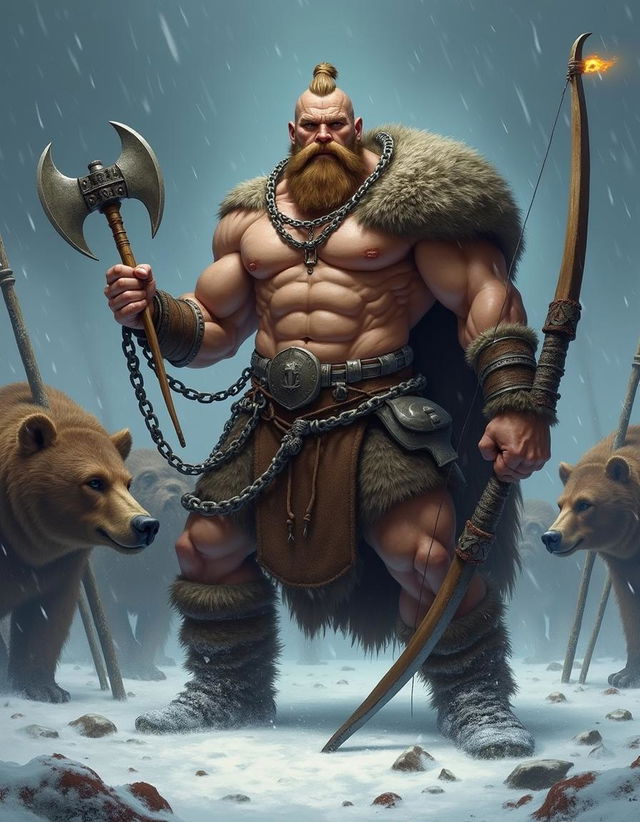 A fierce Viking warrior with big, strong muscles and a bare chest, standing defiantly in a winter storm