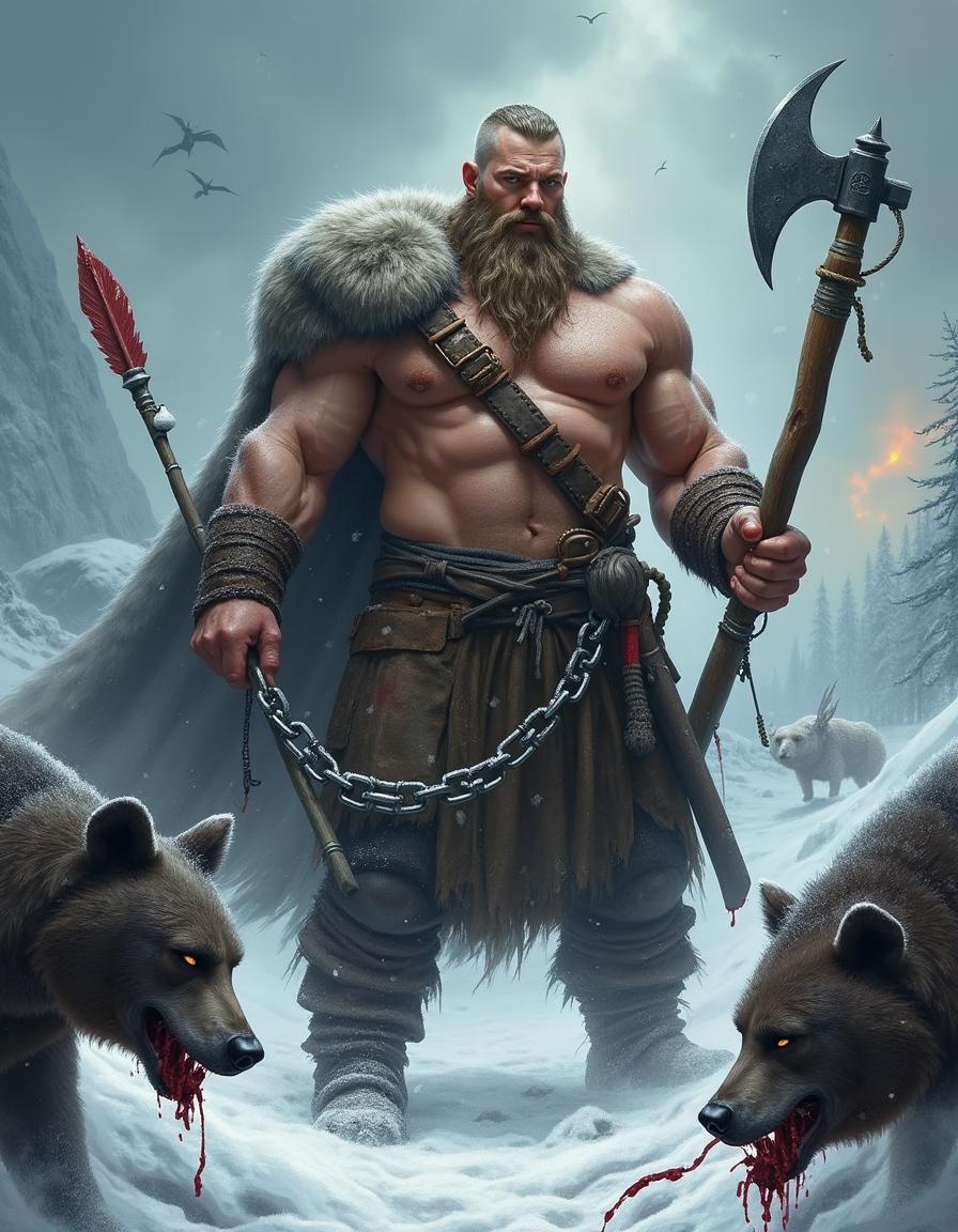 An imposing Viking warrior with big, strong muscles, depicted with a bare chest, gripping a battleaxe and a chain whip in one hand, and a burning arrow nocked to a bow in the other