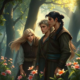 A fantasy scene depicting two European men with long, dark ponytail hair and one European man with dark hair styled in a braid, all standing together in a lush, enchanted forest