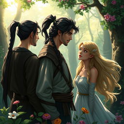 A fantasy scene depicting two European men with long, dark ponytail hair and one European man with dark hair styled in a braid, all standing together in a lush, enchanted forest