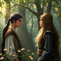 A fantasy scene depicting two European men with long, dark ponytail hair and one European man with dark hair styled in a braid, all standing together in a lush, enchanted forest