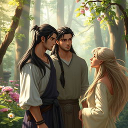 A fantasy scene depicting two European men with long, dark ponytail hair and one European man with dark hair styled in a braid, all standing together in a lush, enchanted forest