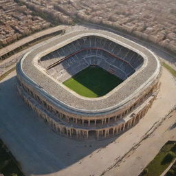 A grand, bustling soccer stadium inspired by the architecture of the ancient Persian Empire, complete with intricate designs and regal statues.