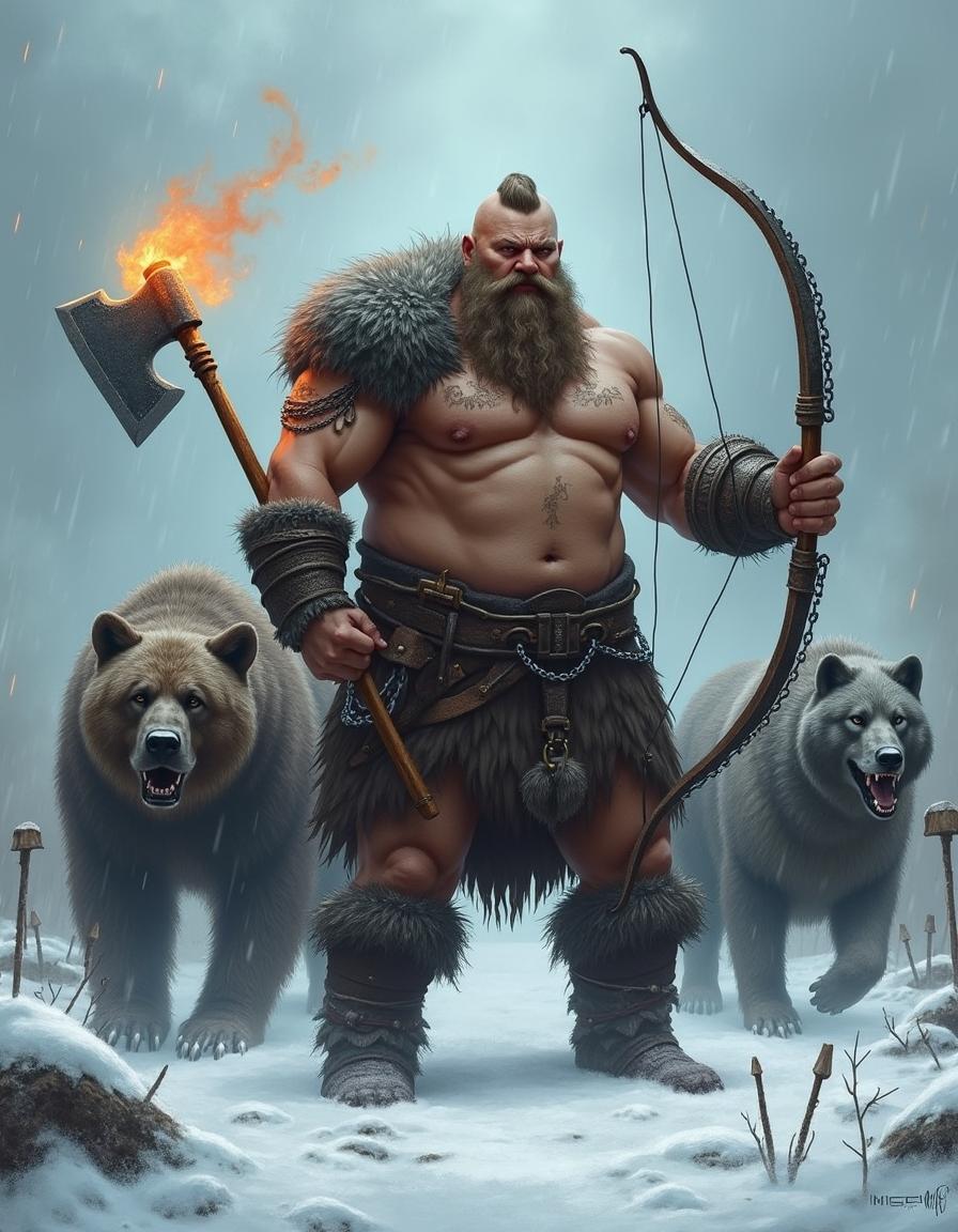 A formidable Viking warrior with big, strong muscles and a bare chest, gripping a battleaxe in one hand and a chain whip in the other