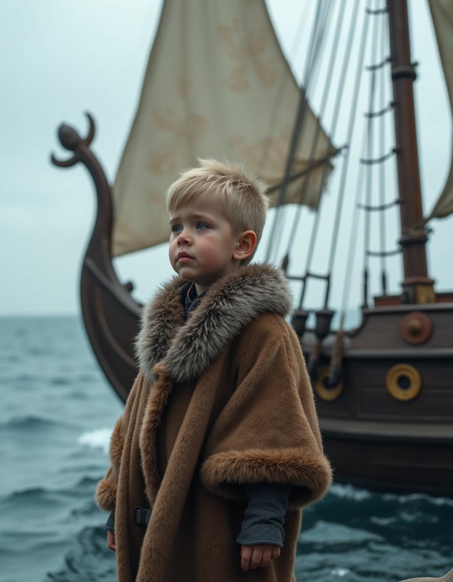 A young Viking child standing at the front of a Viking ship, gazing forward with determination