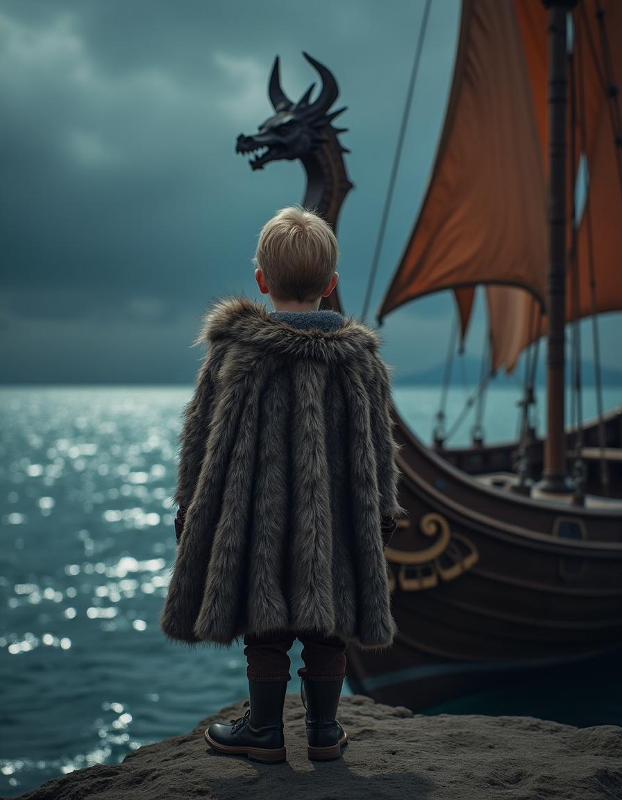 A young Viking child standing confidently at the bow of a Viking ship, looking ahead across the vast ocean