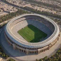 A grand, bustling soccer stadium inspired by the architecture of the ancient Persian Empire, complete with intricate designs and regal statues.