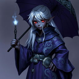 A young drow wizard standing confidently, with deep ebony skin that glimmers with subtle violet undertones