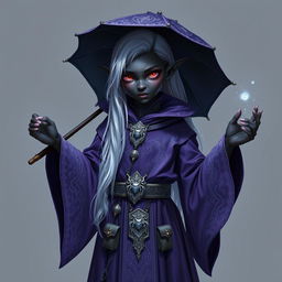 A young drow wizard standing confidently, with deep ebony skin that glimmers with subtle violet undertones