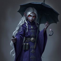 A young drow wizard standing confidently, with deep ebony skin that glimmers with subtle violet undertones