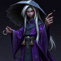 A young drow wizard standing confidently, with deep ebony skin that glimmers with subtle violet undertones