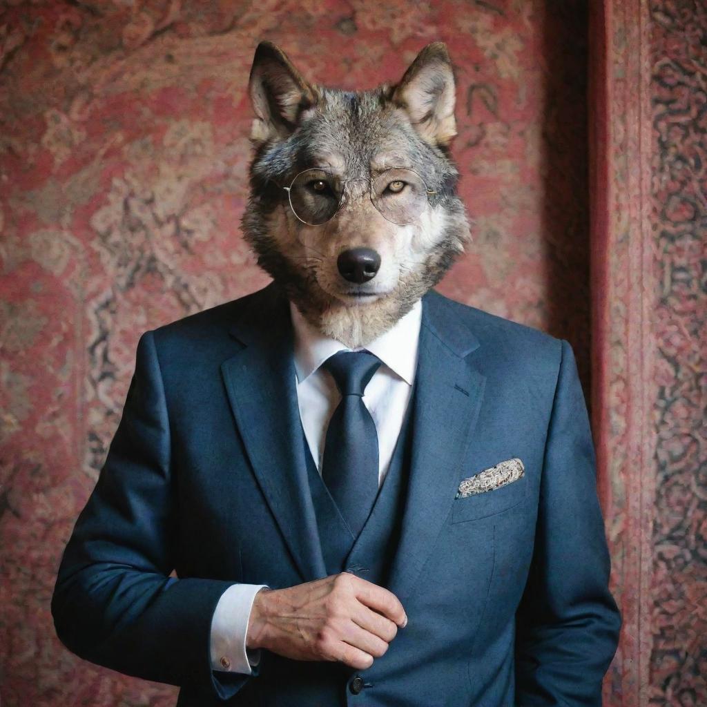 A wolf wearing smoky glasses and a suit, situated in an Iranian locale with a beautifully woven Iranian carpet hanging in the background.