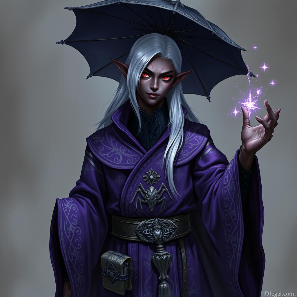 A young male drow wizard stands confidently, showcasing deep ebony skin with subtle violet undertones