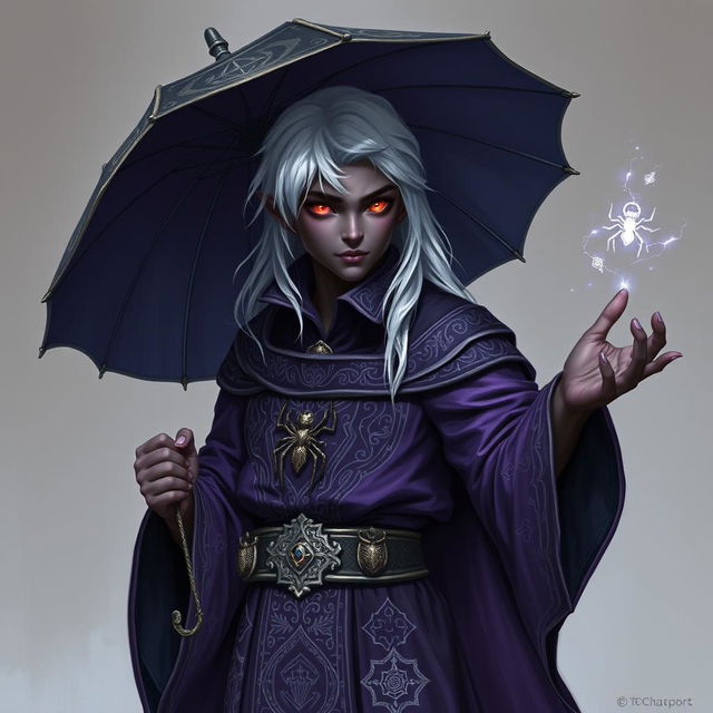 A young male drow wizard stands confidently, showcasing deep ebony skin with subtle violet undertones