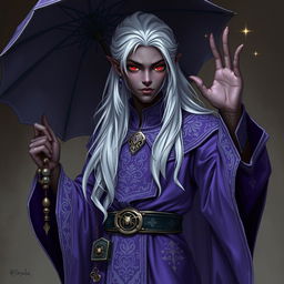 A young male drow wizard stands confidently, showcasing deep ebony skin with subtle violet undertones