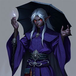 A young male drow wizard stands confidently, showcasing deep ebony skin with subtle violet undertones