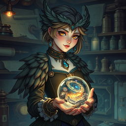 A captivating illustration of a female Owlin artificer, showcasing her intricate feathered details and elegant attire adorned with mechanical gadgets