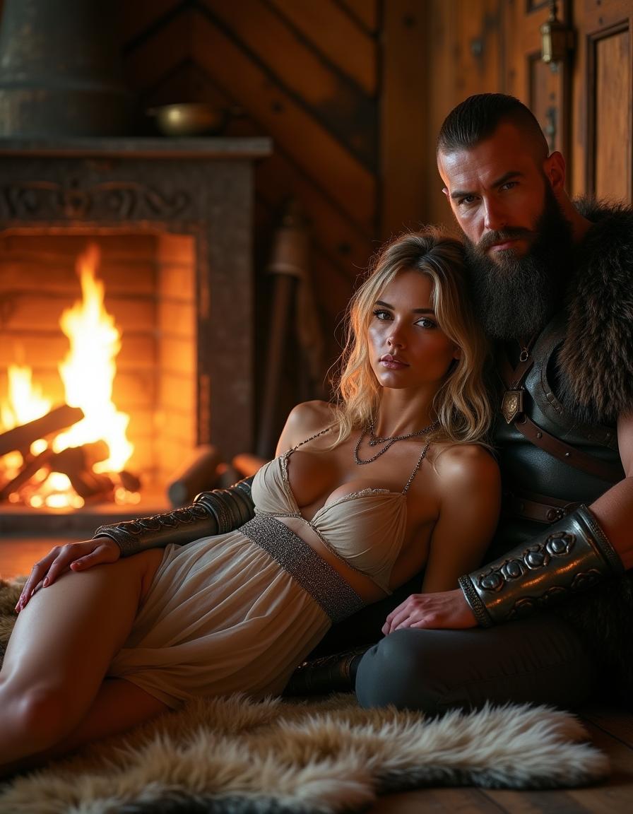 A stunning Viking woman in a sheer, flowing dress, reclining provocatively on a luxurious bearskin rug in front of a warm, crackling fire