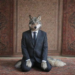 A wolf wearing smoky glasses and a suit, situated in an Iranian locale with a beautifully woven Iranian carpet hanging in the background.