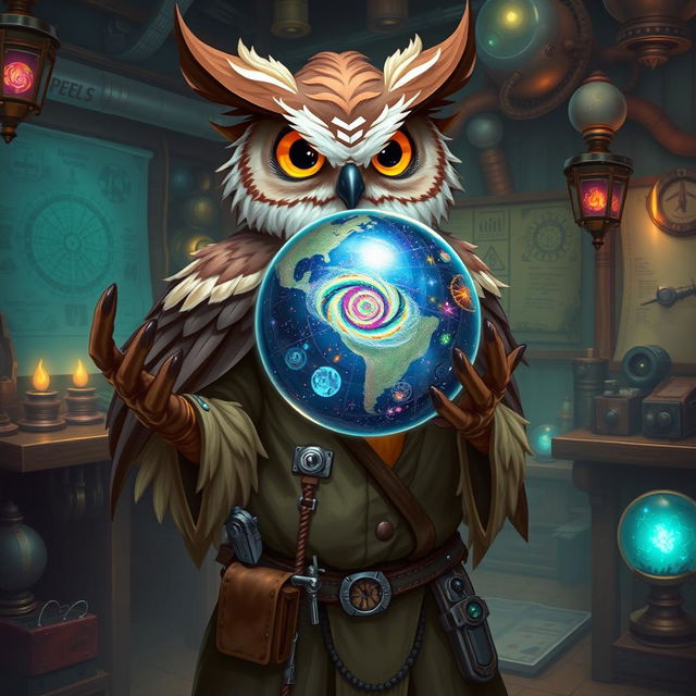 An Owlin artificer character, showcasing an air of wisdom and curiosity, is depicted in a detailed fantasy setting