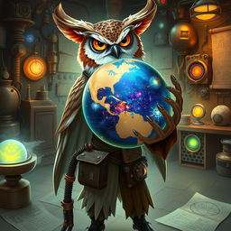 An Owlin artificer character, showcasing an air of wisdom and curiosity, is depicted in a detailed fantasy setting