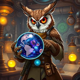 An Owlin artificer character, showcasing an air of wisdom and curiosity, is depicted in a detailed fantasy setting