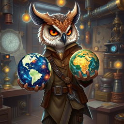 An Owlin artificer character, showcasing an air of wisdom and curiosity, is depicted in a detailed fantasy setting