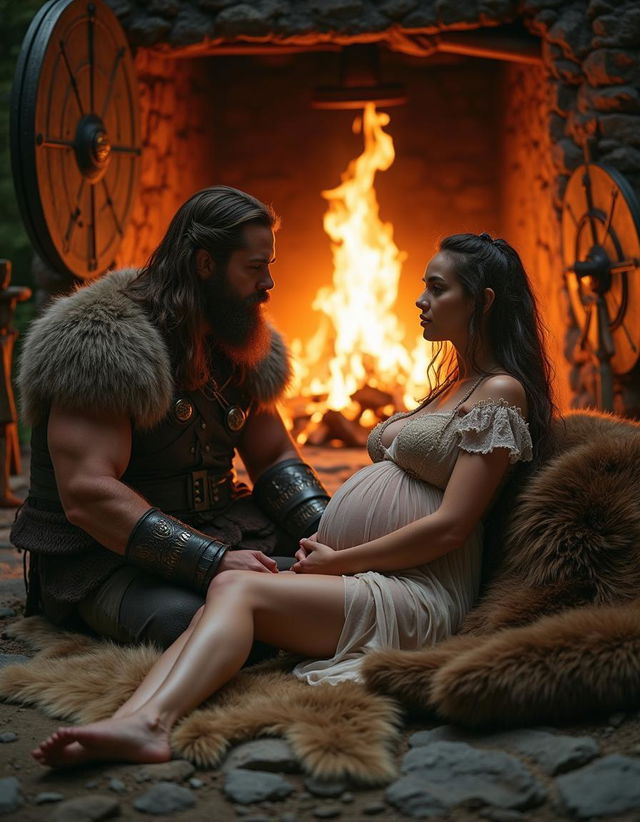 A captivating scene featuring a pregnant Viking woman dressed in a sheer, flowing dress, lounging gracefully on a plush bearskin rug in front of a roaring fire