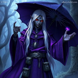 A young male drow wizard stands confidently, showcasing his deep ebony skin with violet undertones that glisten in the light